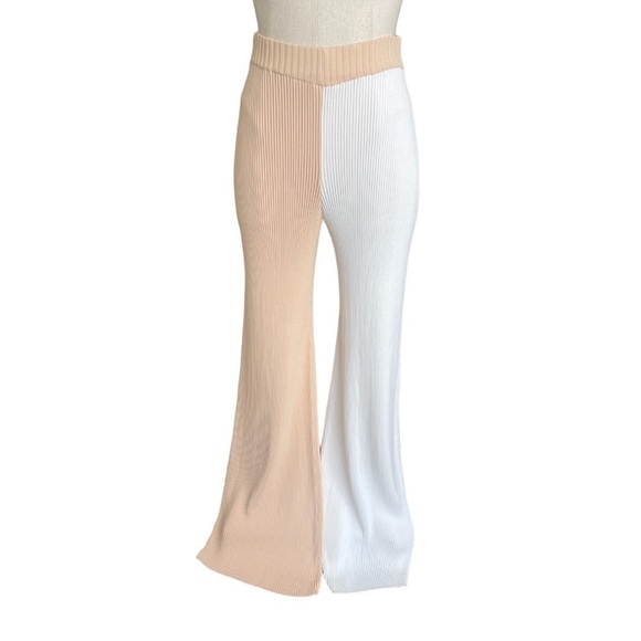 Ronny Kobo Two Tone Ribbed Knit Wide Leg Pants Colorblock White & Tan XS - Picture 3 of 7